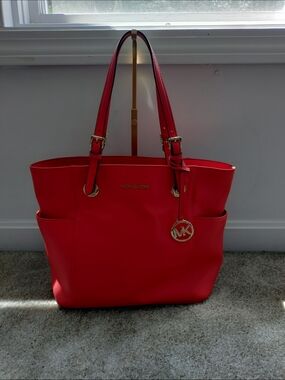 Michael Kors Red Leather Tote with Signature MK Charm